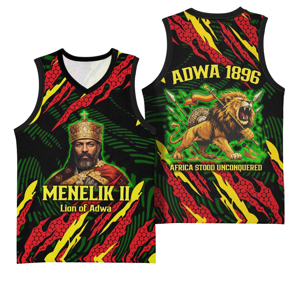 Menelik II Basketball Jersey with Lion of Adwa Title, Battle of Adwa 1896 Graphic and Bold Pan-African - African Pride