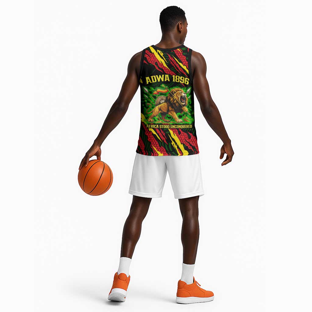 Menelik II Basketball Jersey with Lion of Adwa Title, Battle of Adwa 1896 Graphic and Bold Pan-African - African Pride