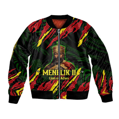 Menelik II Bomber Jacket with Lion of Adwa Title, Battle of Adwa 1896 Graphic and Bold Pan-African - African Pride
