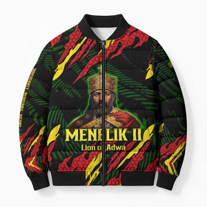 Menelik II Bomber Puffer Jacket with Lion of Adwa Title, Battle of Adwa 1896 Graphic and Bold Pan-African - African Pride