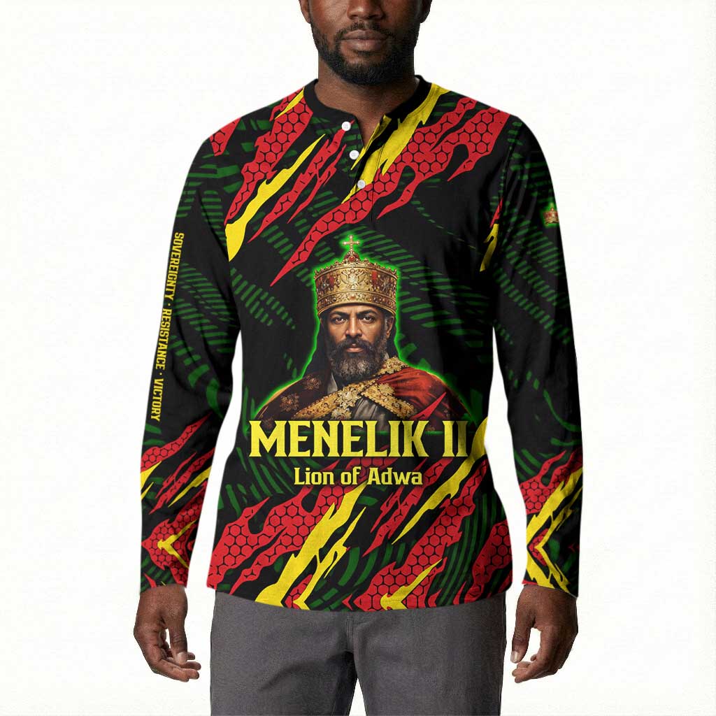 Menelik II Button Sweatshirt with Lion of Adwa Title, Battle of Adwa 1896 Graphic and Bold Pan-African