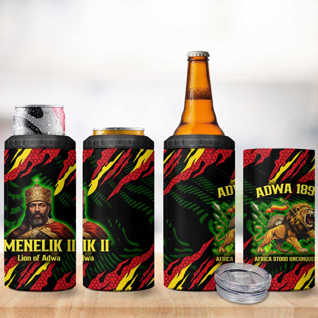 Menelik II 4 in 1 Can Cooler Tumbler with Lion of Adwa Title, Battle of Adwa 1896 Graphic and Bold Pan-African - African Pride