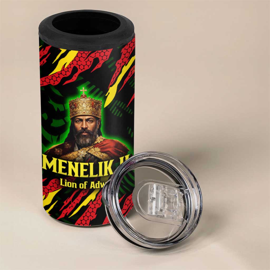 Menelik II 4 in 1 Can Cooler Tumbler with Lion of Adwa Title, Battle of Adwa 1896 Graphic and Bold Pan-African - African Pride