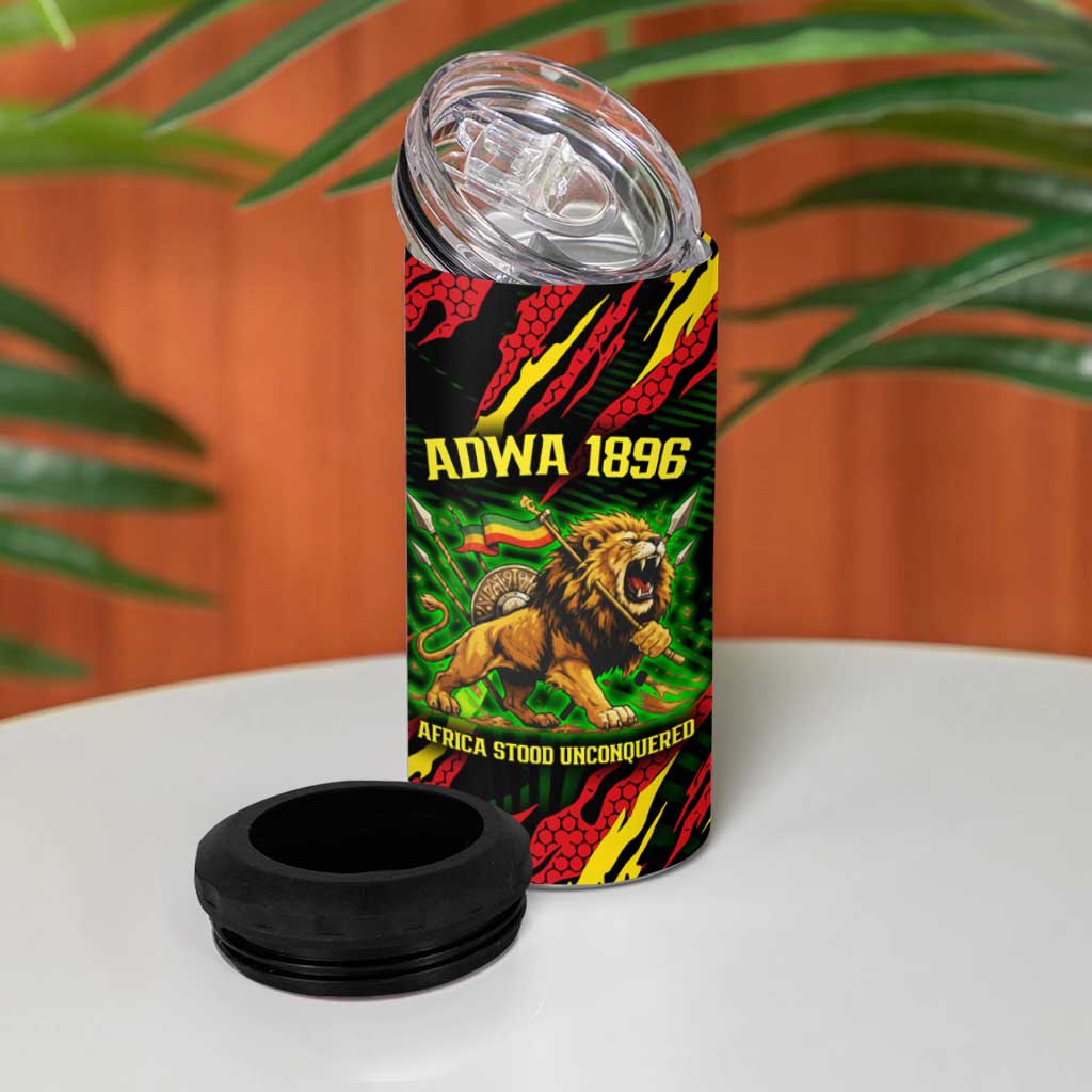 Menelik II 4 in 1 Can Cooler Tumbler with Lion of Adwa Title, Battle of Adwa 1896 Graphic and Bold Pan-African - African Pride