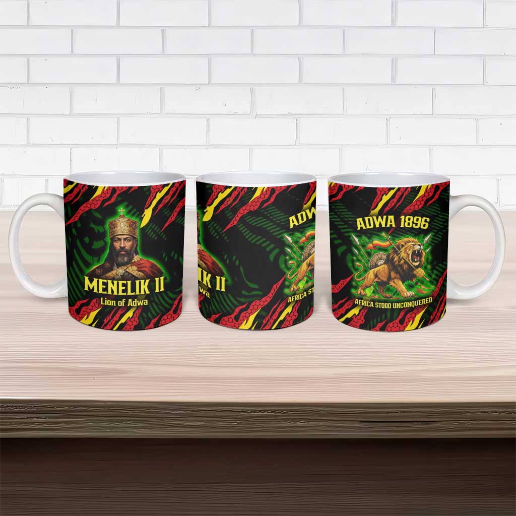Menelik II Ceramic Mug with Lion of Adwa Title, Battle of Adwa 1896 Graphic and Bold Pan-African - African Pride