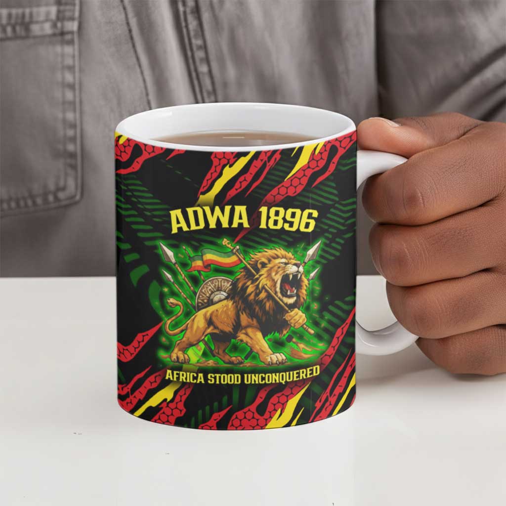 Menelik II Ceramic Mug with Lion of Adwa Title, Battle of Adwa 1896 Graphic and Bold Pan-African - African Pride
