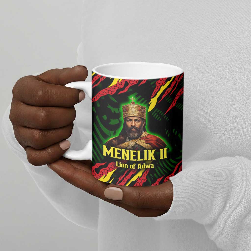 Menelik II Ceramic Mug with Lion of Adwa Title, Battle of Adwa 1896 Graphic and Bold Pan-African - African Pride