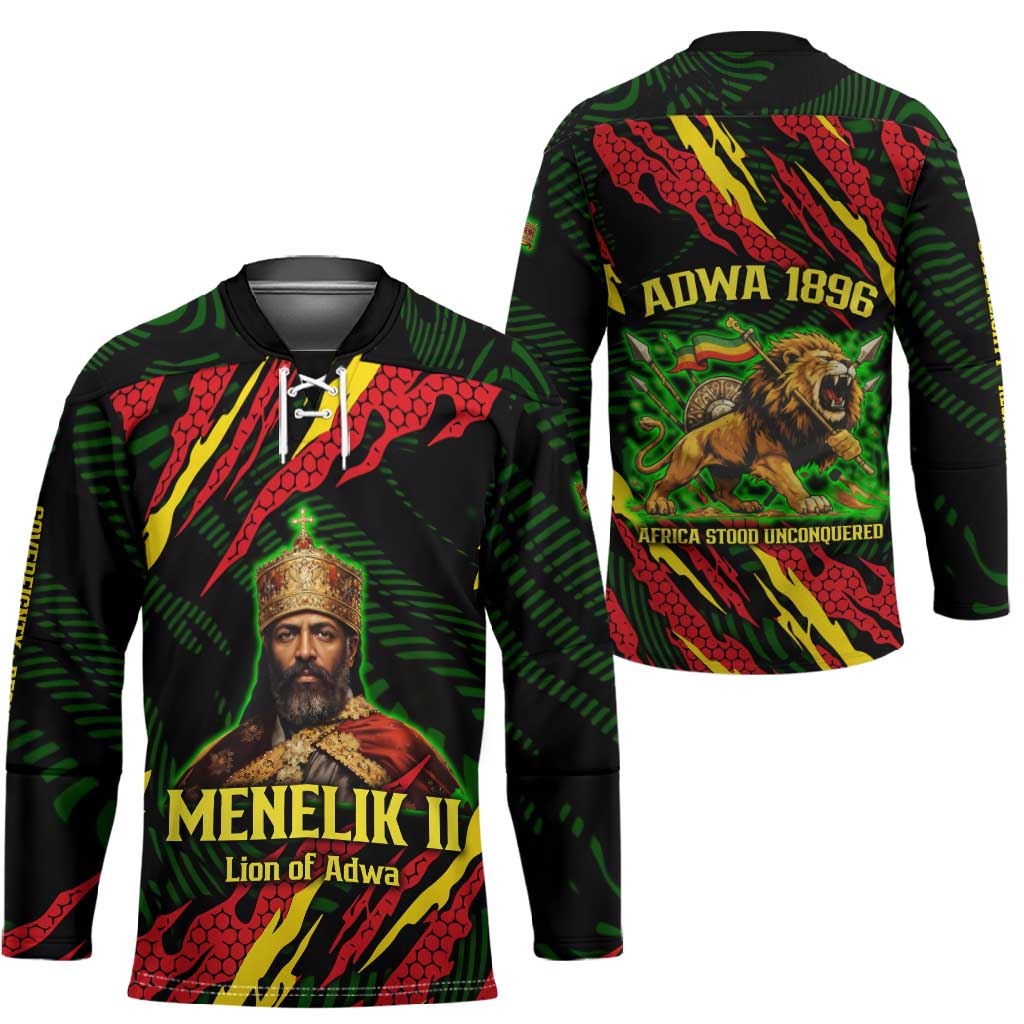 Menelik II Hockey Jersey with Lion of Adwa Title, Battle of Adwa 1896 Graphic and Bold Pan-African - African Pride