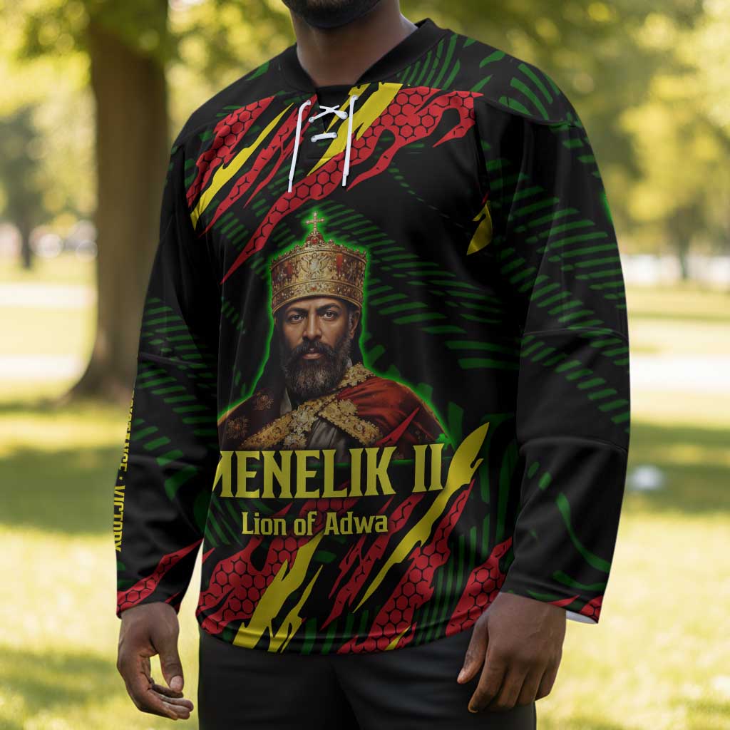 Menelik II Hockey Jersey with Lion of Adwa Title, Battle of Adwa 1896 Graphic and Bold Pan-African - African Pride