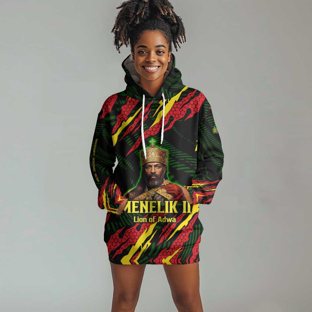 Menelik II Hoodie Dress with Lion of Adwa Title, Battle of Adwa 1896 Graphic and Bold Pan-African - African Pride