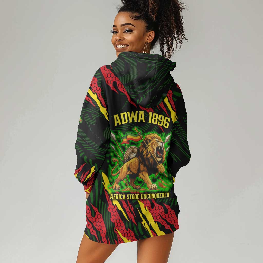 Menelik II Hoodie Dress with Lion of Adwa Title, Battle of Adwa 1896 Graphic and Bold Pan-African - African Pride