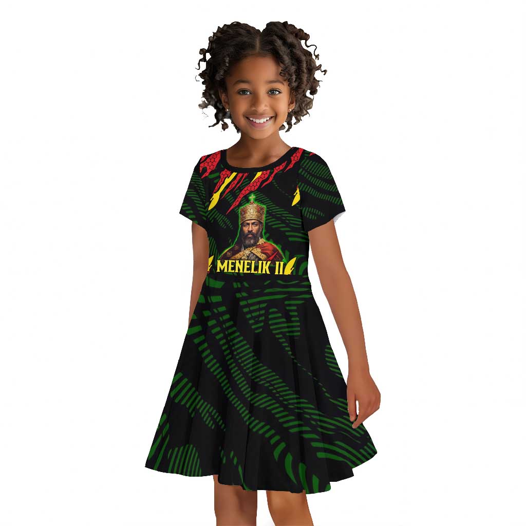Menelik II Kid Short Sleeve Dress with Lion of Adwa Title, Battle of Adwa 1896 Graphic and Bold Pan-African - African Pride