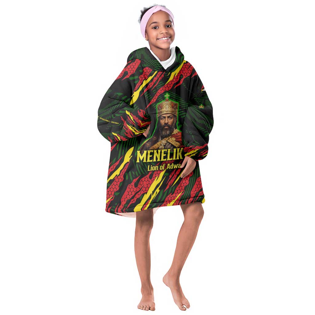 Menelik II Kid Wearable Blanket Hoodie with Lion of Adwa Title, Battle of Adwa 1896 Graphic and Bold Pan-African - African Pride