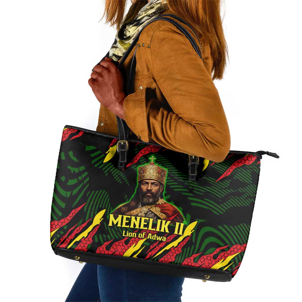 Menelik II Leather Tote Bag with Lion of Adwa Title, Battle of Adwa 1896 Graphic and Bold Pan-African - African Pride