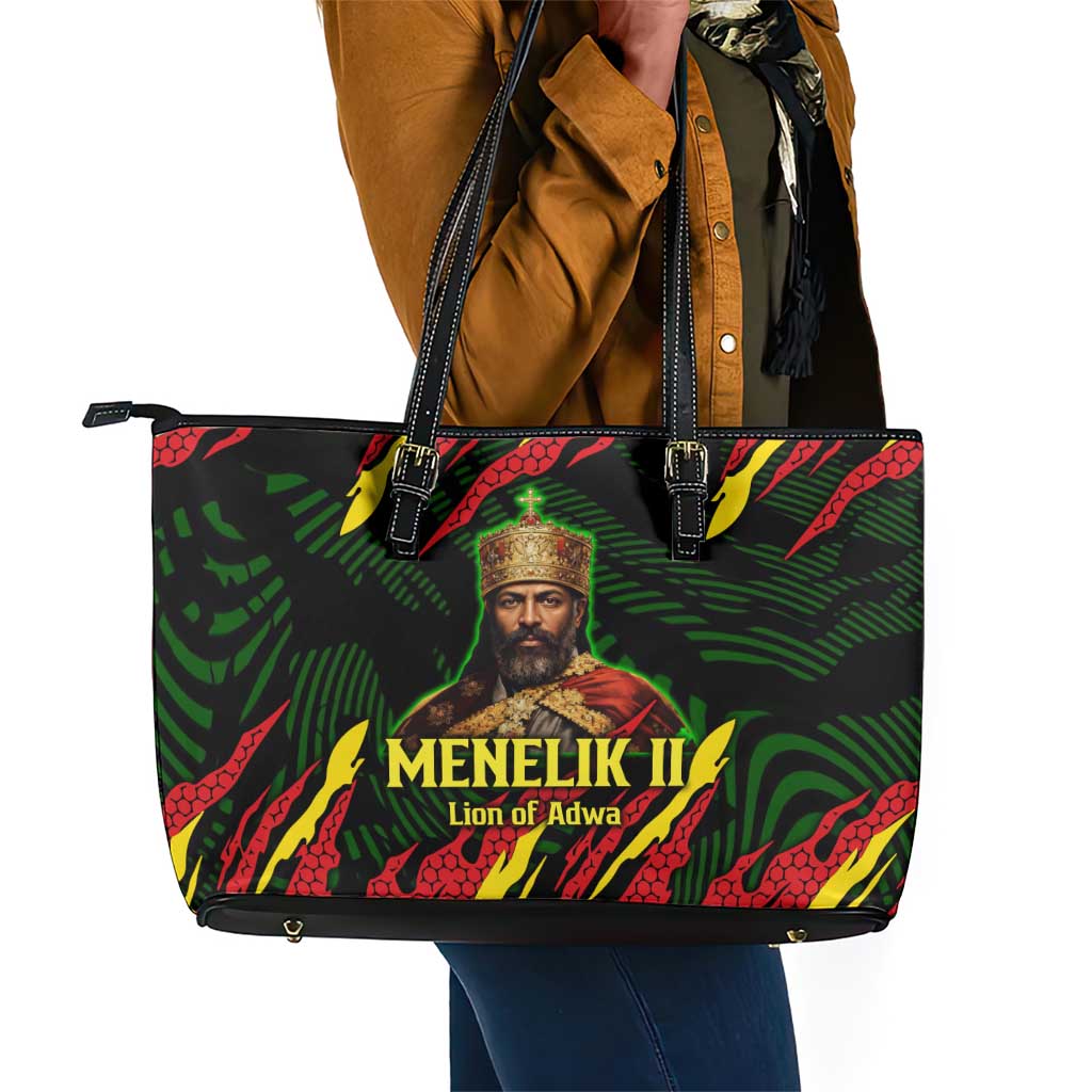 Menelik II Leather Tote Bag with Lion of Adwa Title, Battle of Adwa 1896 Graphic and Bold Pan-African - African Pride