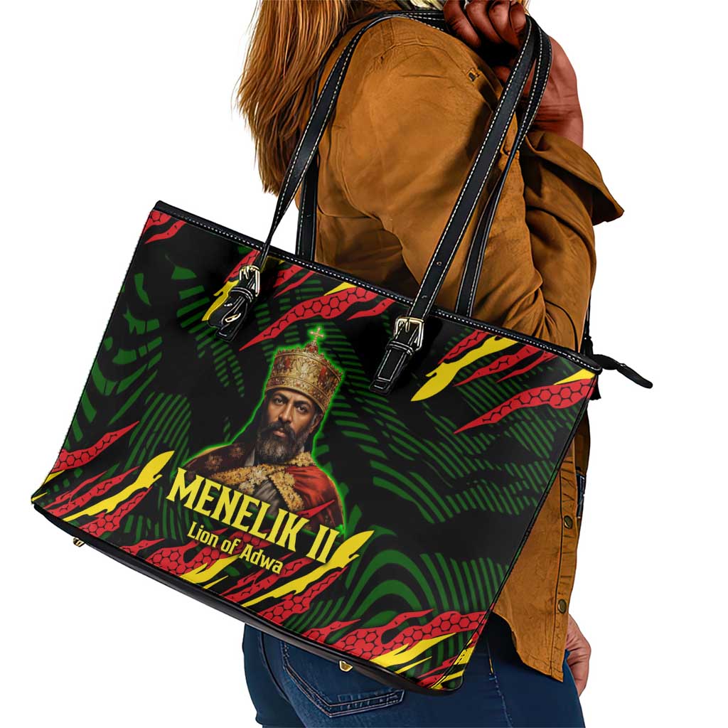 Menelik II Leather Tote Bag with Lion of Adwa Title, Battle of Adwa 1896 Graphic and Bold Pan-African - African Pride
