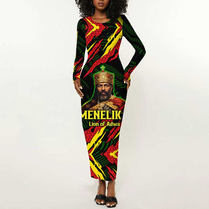 Menelik II Long Sleeve Bodycon Dress with Lion of Adwa Title, Battle of Adwa 1896 Graphic and Bold Pan-African - African Pride