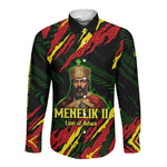 Menelik II Long Sleeve Button Shirt with Lion of Adwa Title, Battle of Adwa 1896 Graphic and Bold Pan-African - African Pride