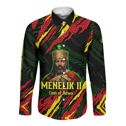 Menelik II Long Sleeve Button Shirt with Lion of Adwa Title, Battle of Adwa 1896 Graphic and Bold Pan-African - African Pride