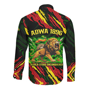 Menelik II Long Sleeve Button Shirt with Lion of Adwa Title, Battle of Adwa 1896 Graphic and Bold Pan-African - African Pride