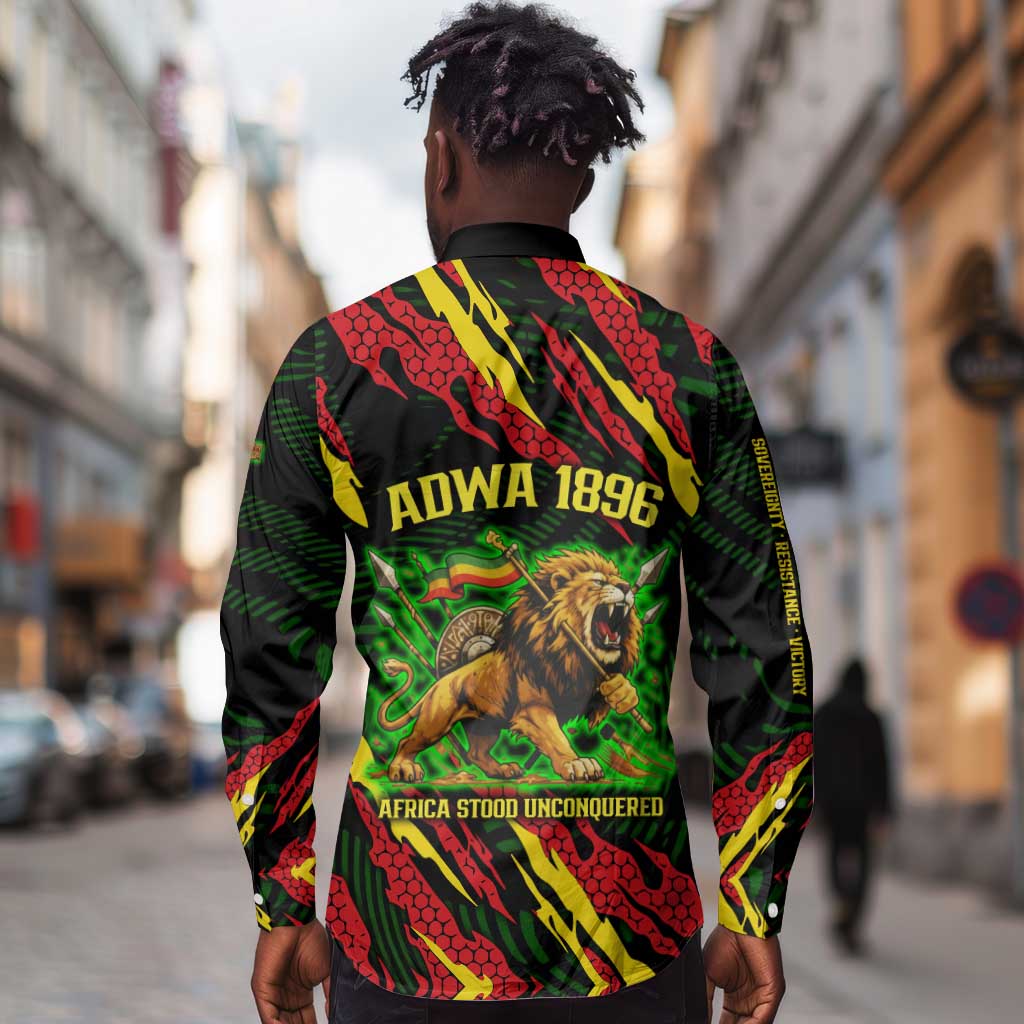 Menelik II Long Sleeve Button Shirt with Lion of Adwa Title, Battle of Adwa 1896 Graphic and Bold Pan-African - African Pride