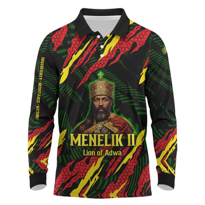 Menelik II Long Sleeve Polo Shirt with Lion of Adwa Title, Battle of Adwa 1896 Graphic and Bold Pan-African - African Pride
