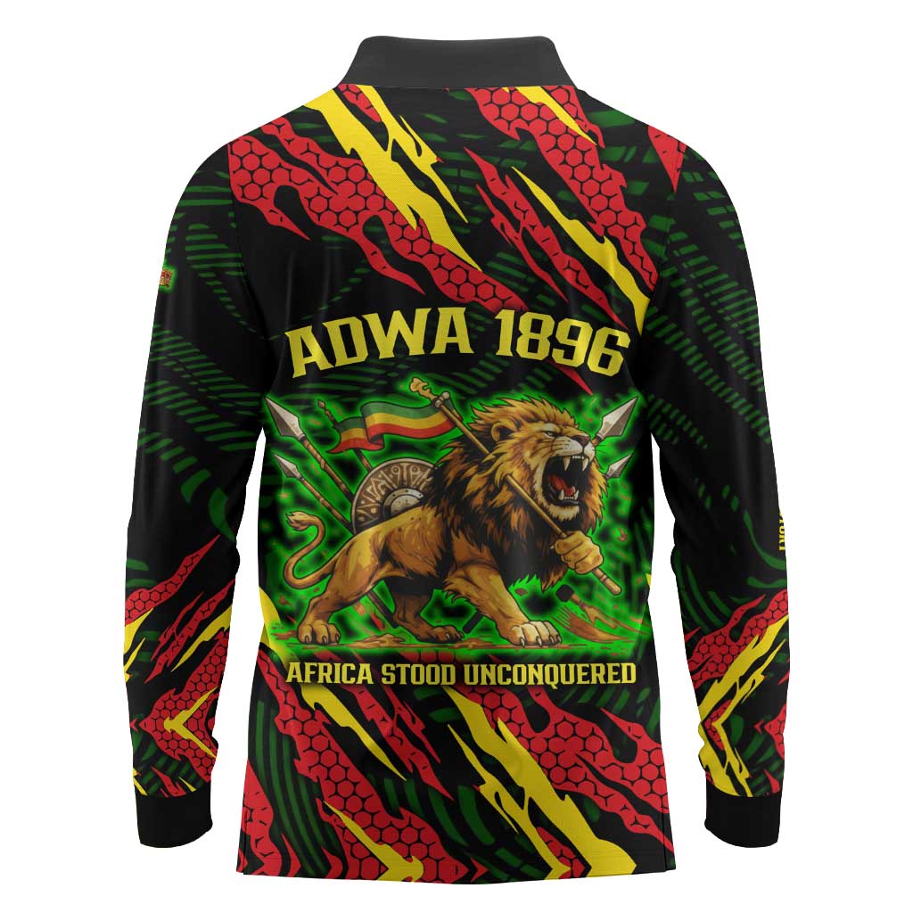 Menelik II Long Sleeve Polo Shirt with Lion of Adwa Title, Battle of Adwa 1896 Graphic and Bold Pan-African - African Pride