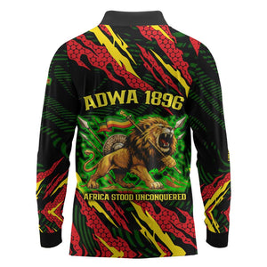 Menelik II Long Sleeve Polo Shirt with Lion of Adwa Title, Battle of Adwa 1896 Graphic and Bold Pan-African - African Pride
