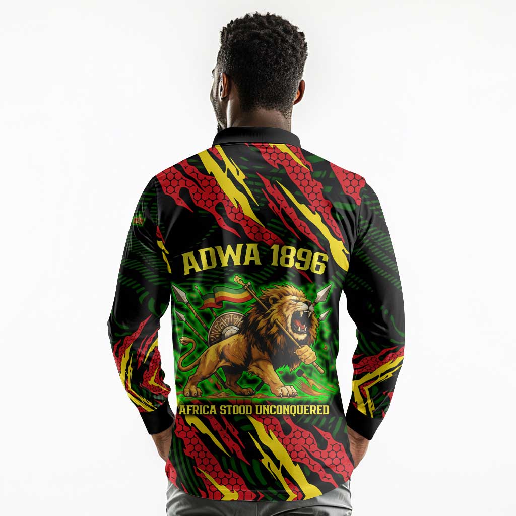 Menelik II Long Sleeve Polo Shirt with Lion of Adwa Title, Battle of Adwa 1896 Graphic and Bold Pan-African - African Pride