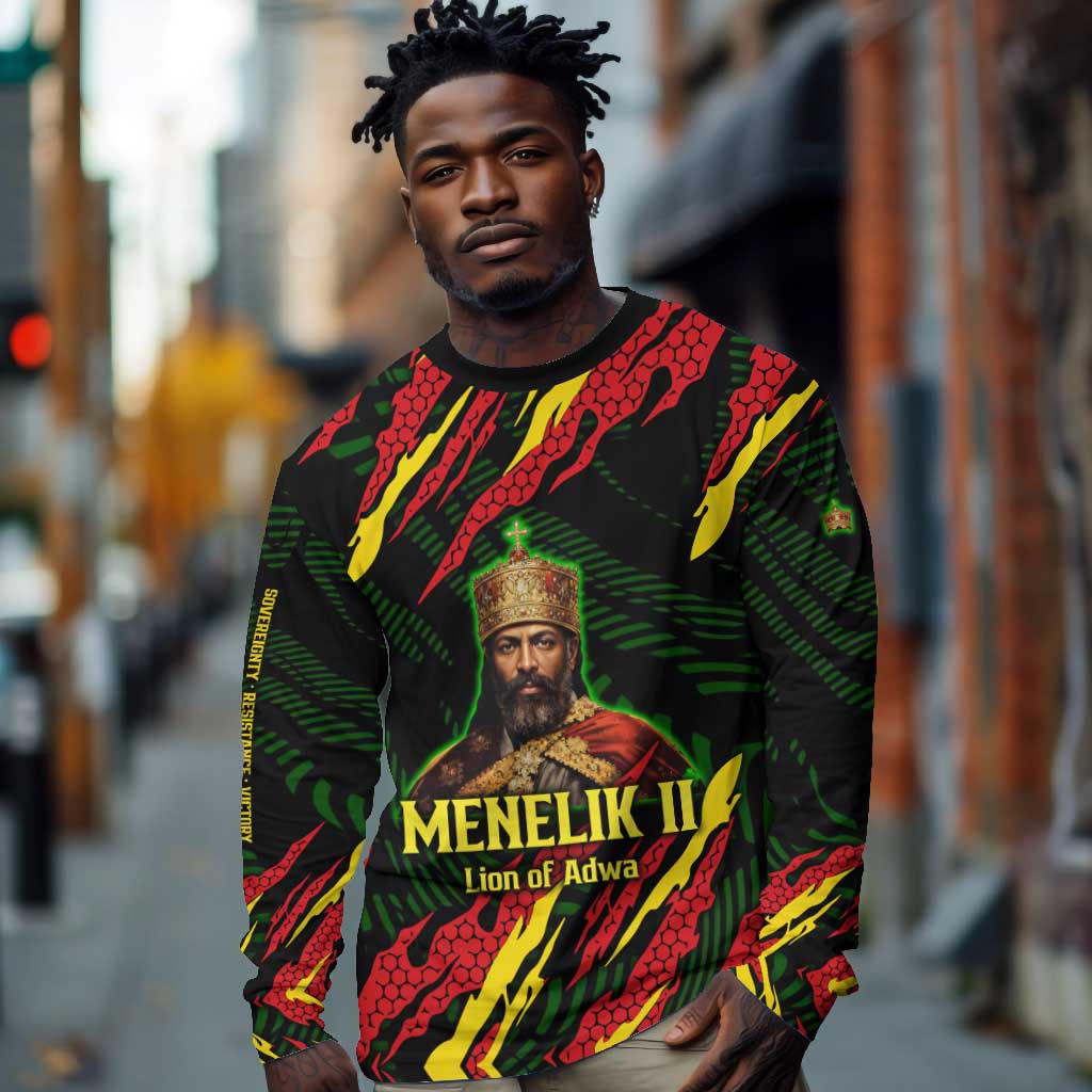 Menelik II Long Sleeve Shirt with Lion of Adwa Title, Battle of Adwa 1896 Graphic and Bold Pan-African - African Pride