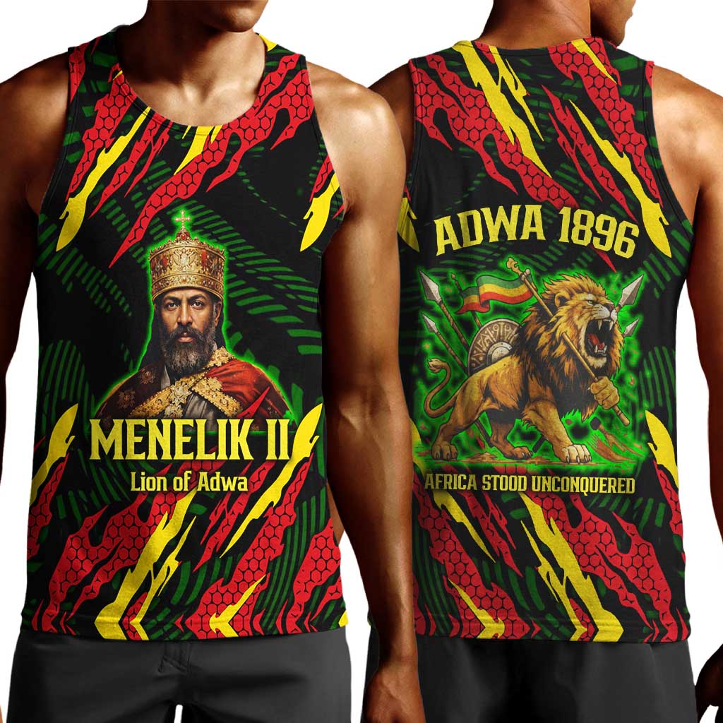 Menelik II Men Tank Top with Lion of Adwa Title, Battle of Adwa 1896 Graphic and Bold Pan-African - African Pride