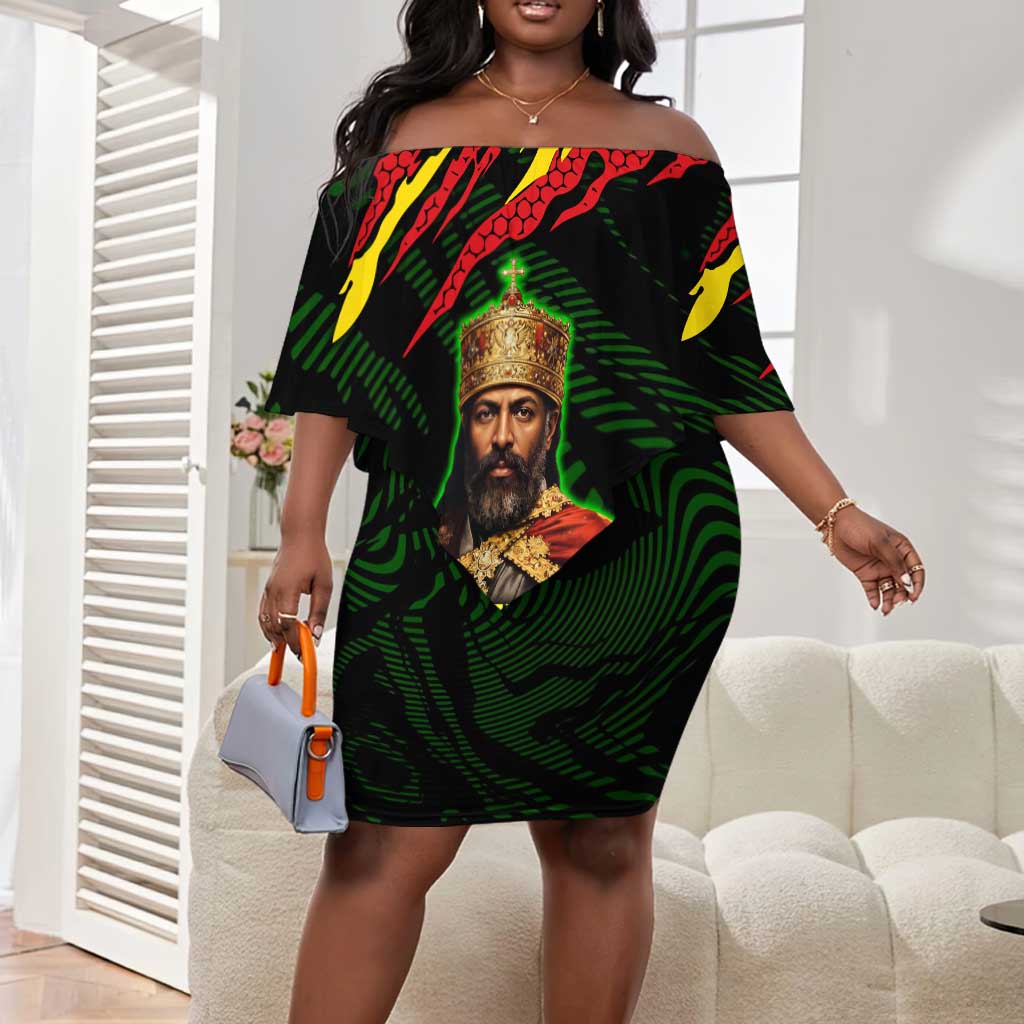 Menelik II Off Shoulder Short Dress with Lion of Adwa Title, Battle of Adwa 1896 Graphic and Bold Pan-African - African Pride