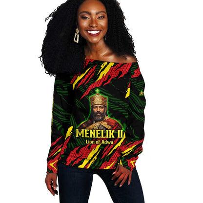 Menelik II Off Shoulder Sweater with Lion of Adwa Title, Battle of Adwa 1896 Graphic and Bold Pan-African - African Pride