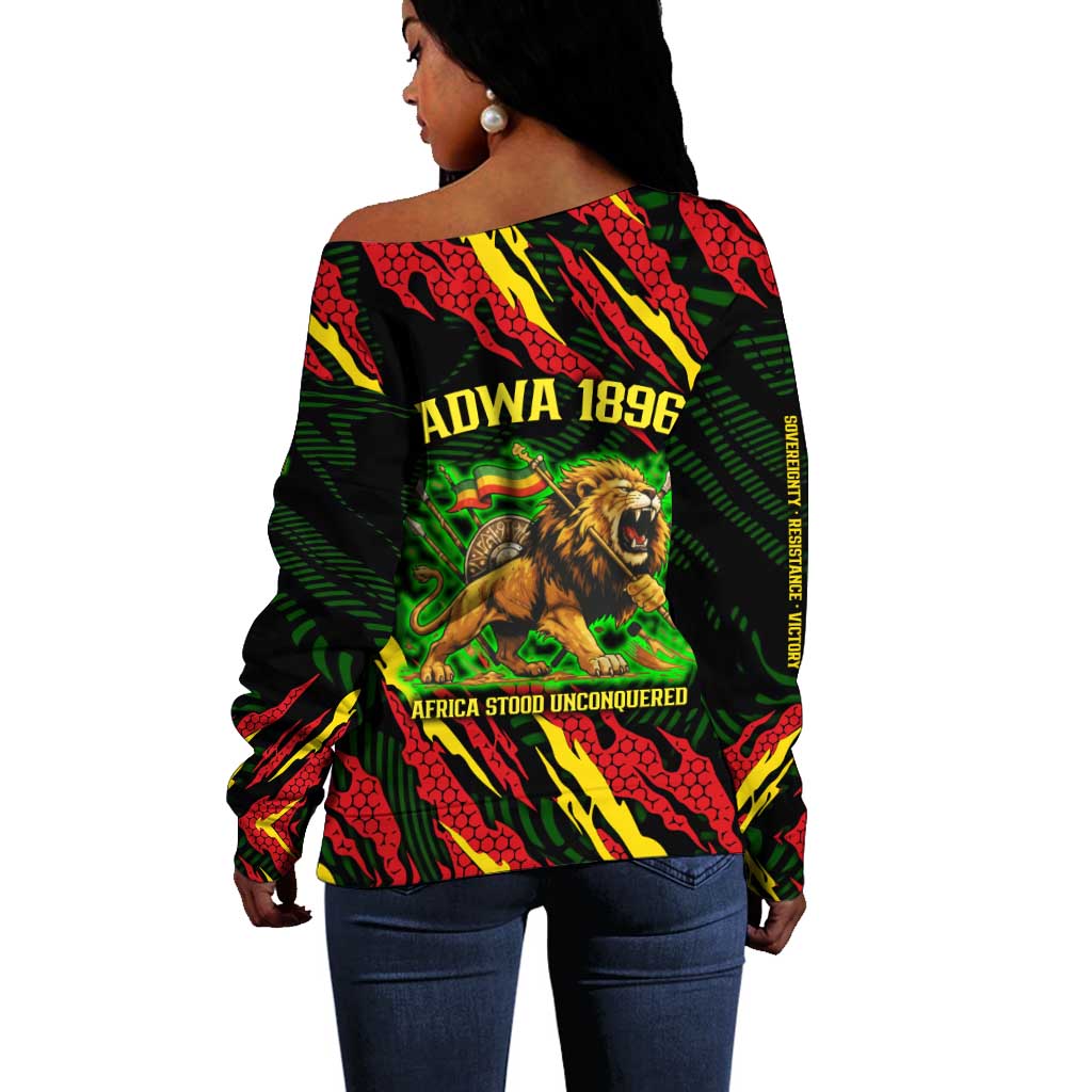 Menelik II Off Shoulder Sweater with Lion of Adwa Title, Battle of Adwa 1896 Graphic and Bold Pan-African - African Pride