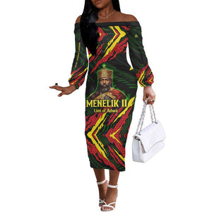 Menelik II Off The Shoulder Long Sleeve Dress with Lion of Adwa Title, Battle of Adwa 1896 Graphic and Bold Pan-African - African Pride