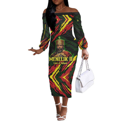 Menelik II Off The Shoulder Long Sleeve Dress with Lion of Adwa Title, Battle of Adwa 1896 Graphic and Bold Pan-African - African Pride