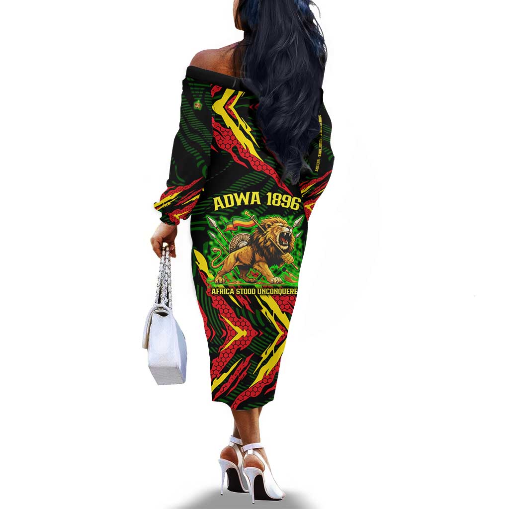 Menelik II Off The Shoulder Long Sleeve Dress with Lion of Adwa Title, Battle of Adwa 1896 Graphic and Bold Pan-African - African Pride