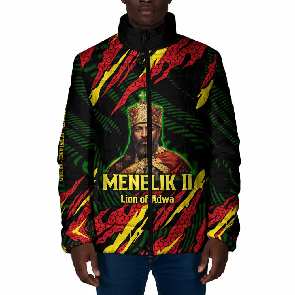 Menelik II Padded Jacket with Lion of Adwa Title, Battle of Adwa 1896 Graphic and Bold Pan-African - African Pride