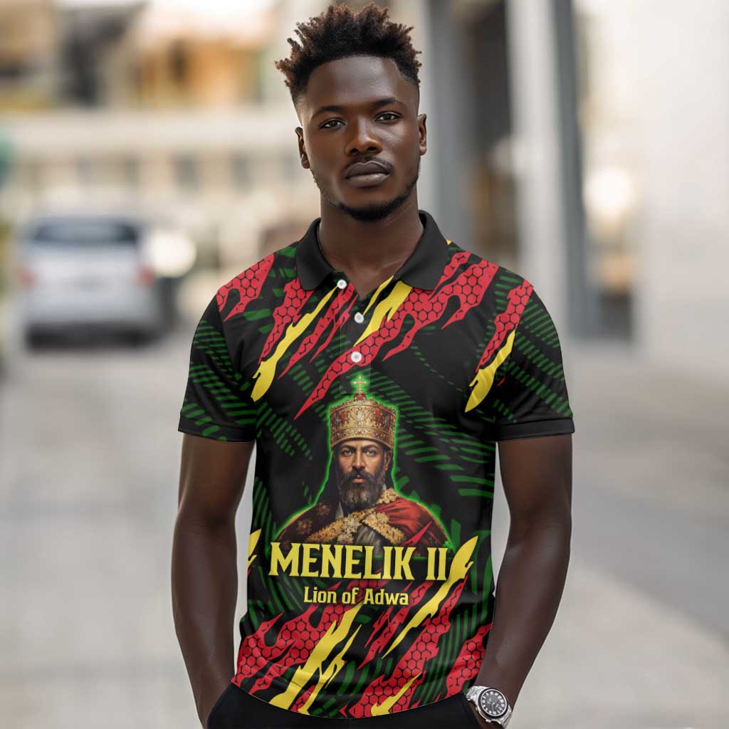 Menelik II Polo Shirt with Lion of Adwa Title, Battle of Adwa 1896 Graphic and Bold Pan-African - African Pride