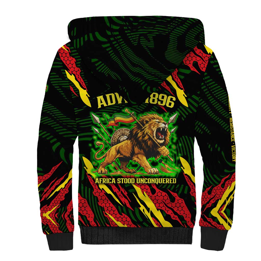 Menelik II Sherpa Hoodie with Lion of Adwa Title, Battle of Adwa 1896 Graphic and Bold Pan-African - African Pride