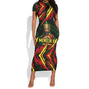 Menelik II Short Sleeve Bodycon Dress with Lion of Adwa Title, Battle of Adwa 1896 Graphic and Bold Pan-African - African Pride