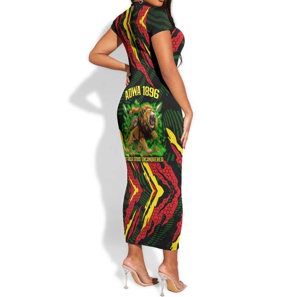Menelik II Short Sleeve Bodycon Dress with Lion of Adwa Title, Battle of Adwa 1896 Graphic and Bold Pan-African - African Pride