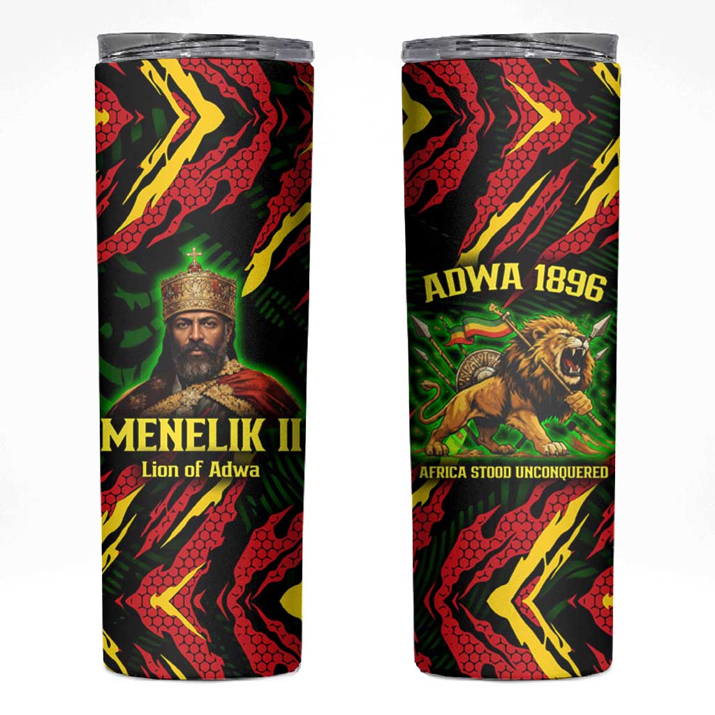Menelik II Skinny Tumbler with Lion of Adwa Title, Battle of Adwa 1896 Graphic and Bold Pan-African - African Pride