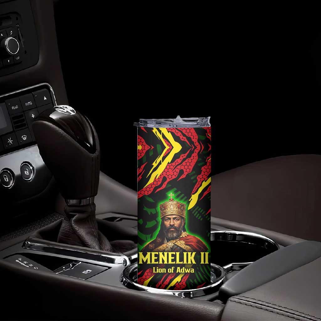 Menelik II Skinny Tumbler with Lion of Adwa Title, Battle of Adwa 1896 Graphic and Bold Pan-African - African Pride