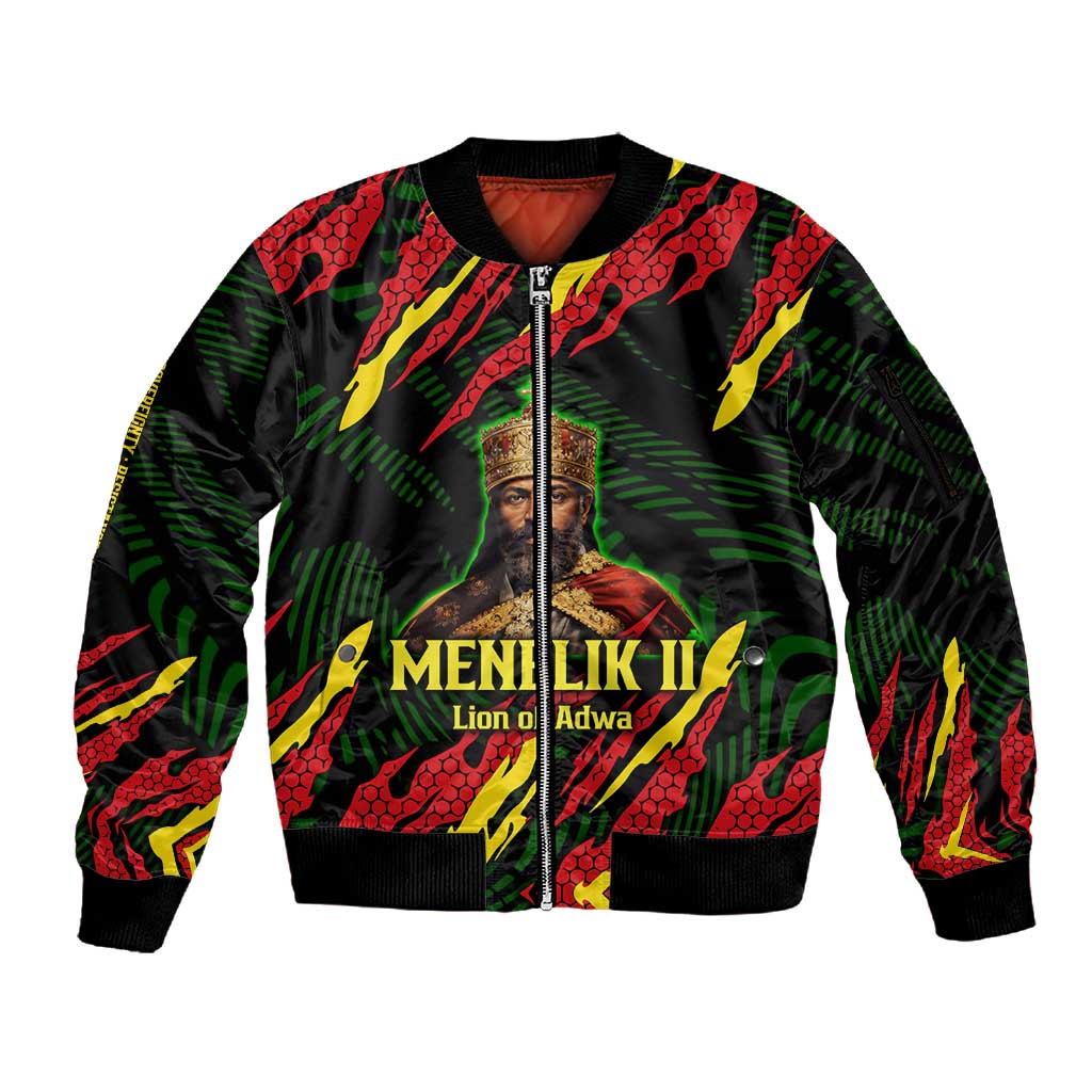 Menelik II Sleeve Zip Bomber Jacket with Lion of Adwa Title, Battle of Adwa 1896 Graphic and Bold Pan-African - African Pride