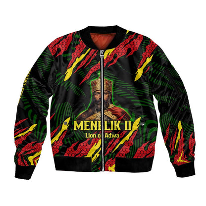 Menelik II Sleeve Zip Bomber Jacket with Lion of Adwa Title, Battle of Adwa 1896 Graphic and Bold Pan-African - African Pride