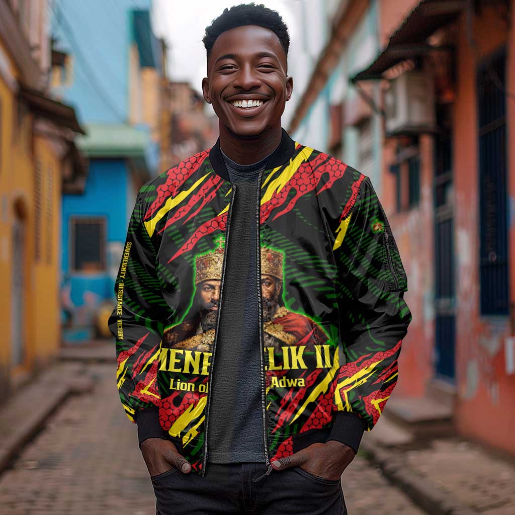 Menelik II Sleeve Zip Bomber Jacket with Lion of Adwa Title, Battle of Adwa 1896 Graphic and Bold Pan-African - African Pride