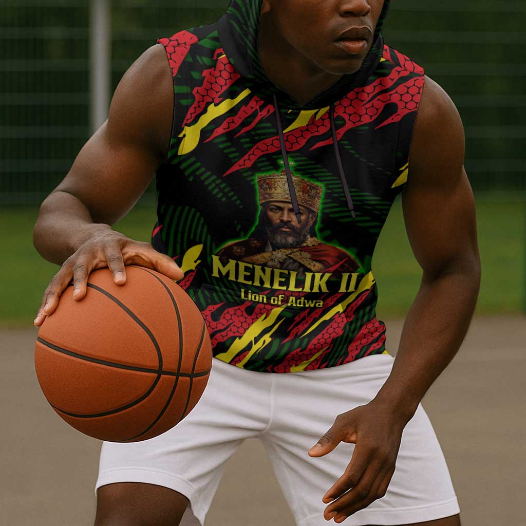 Menelik II Sleeveless Hoodie with Lion of Adwa Title, Battle of Adwa 1896 Graphic and Bold Pan-African - African Pride