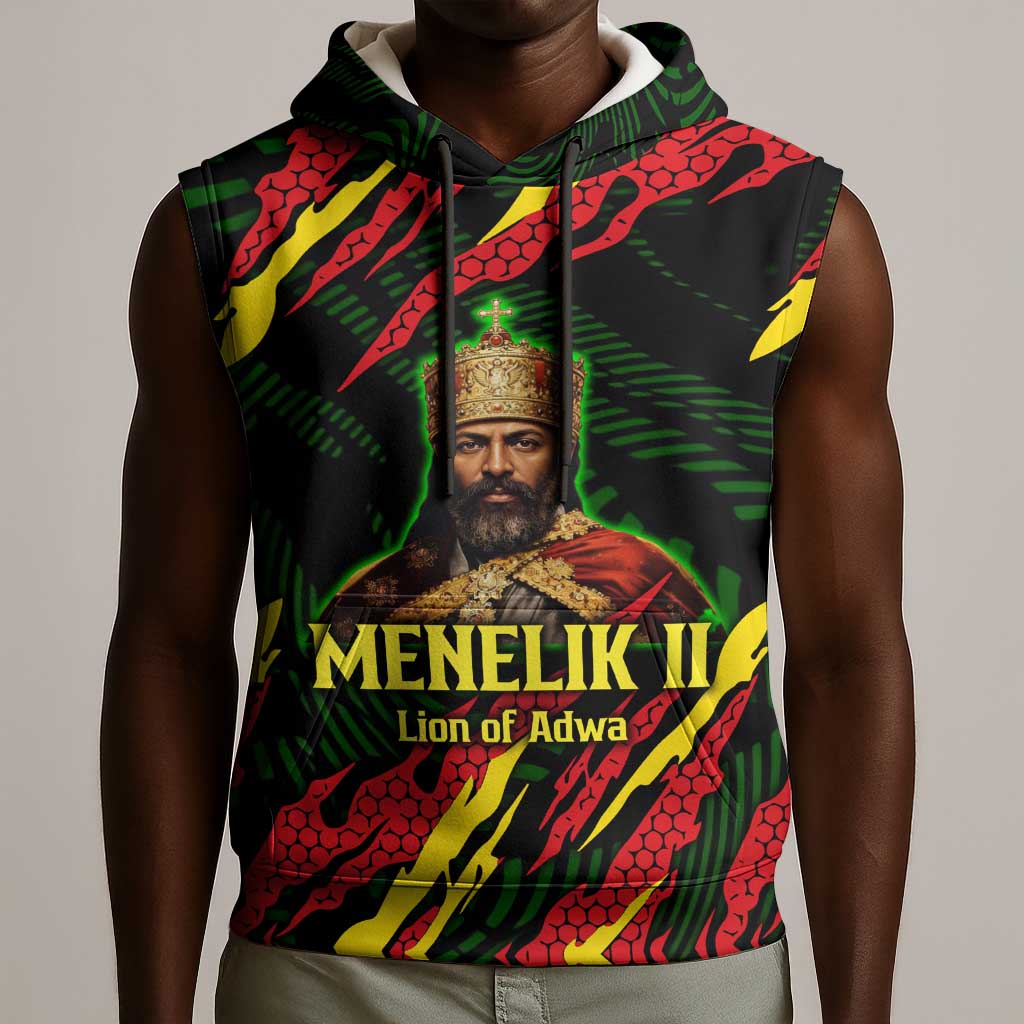 Menelik II Sleeveless Hoodie with Lion of Adwa Title, Battle of Adwa 1896 Graphic and Bold Pan-African - African Pride
