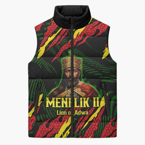 Menelik II Sleeveless Puffer Jacket with Lion of Adwa Title, Battle of Adwa 1896 Graphic and Bold Pan-African - African Pride